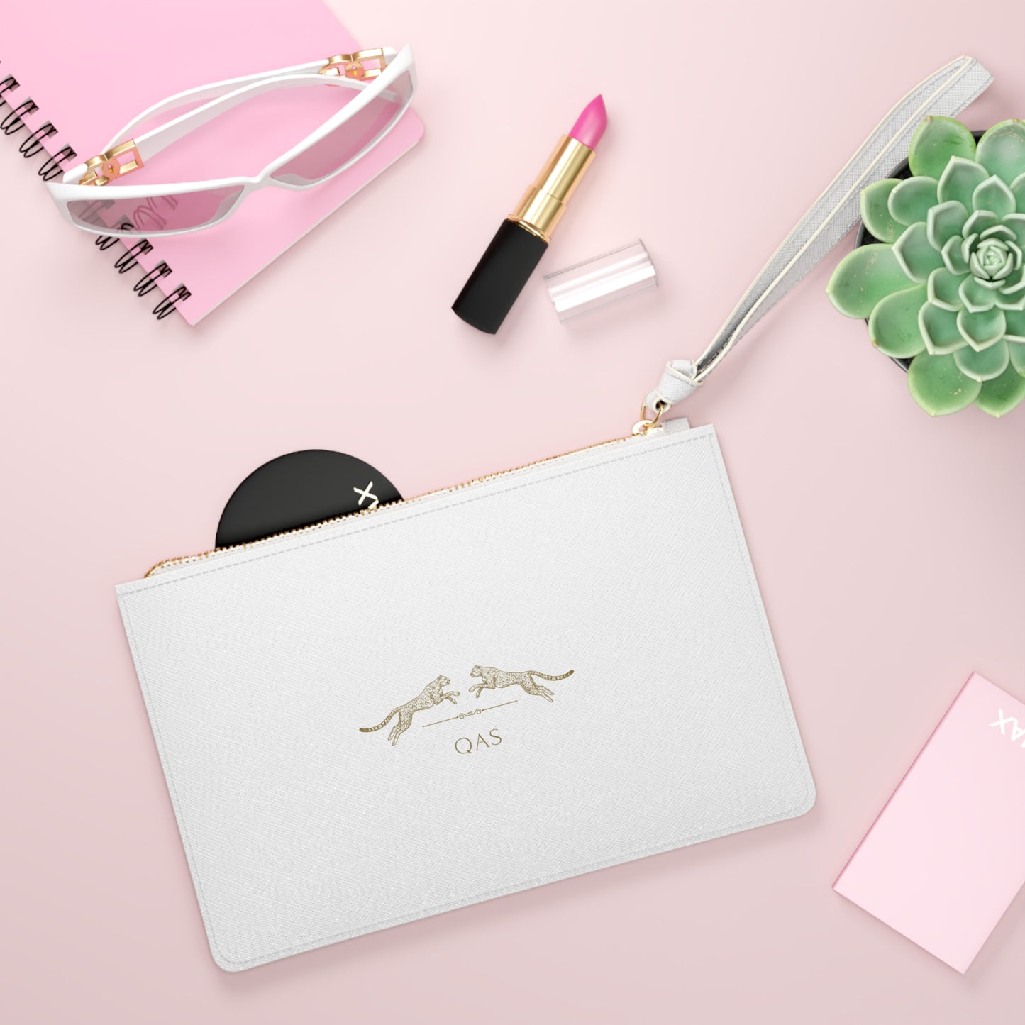 QAS Elegant White Clutch Bag with Gold Accents